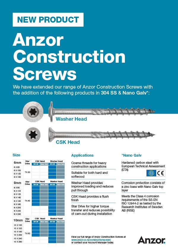 Anzor Timber Construction Screws Flyer in Stainless Steel and Nano Galv