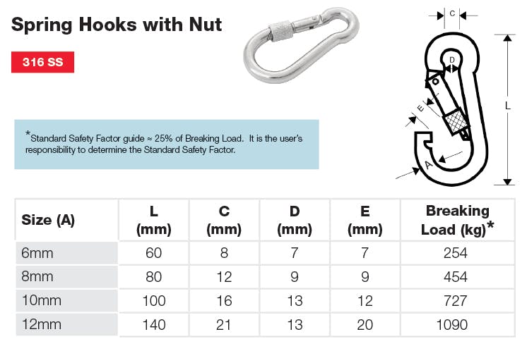 Stainless Spring Hooks with Nut Dimensions