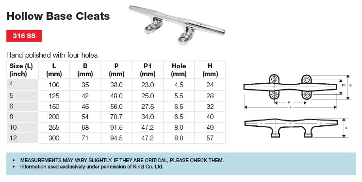 Stainless Hollow Base Cleat Dimensions