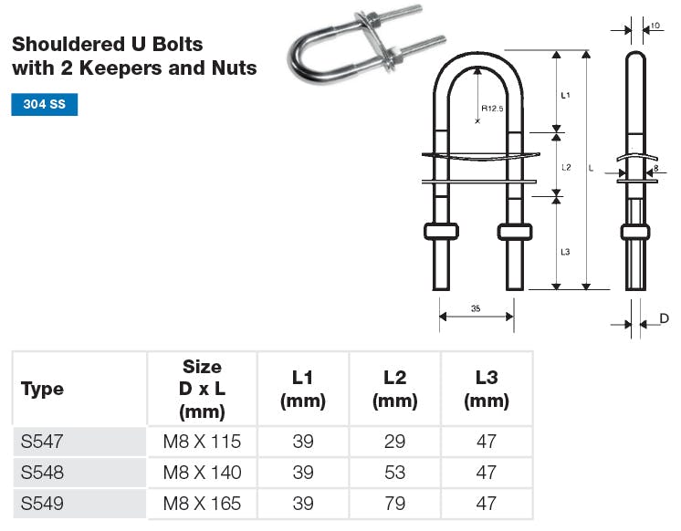Stainless Steel Shouldered U Bolt Dimensions and Loads