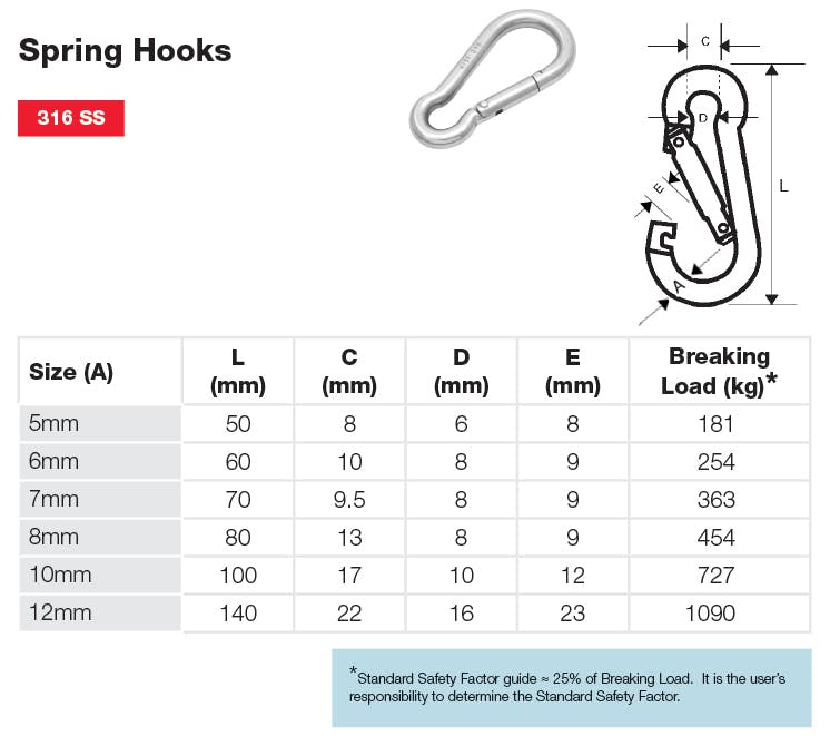 Stainless Spring Hooks with Dimensions