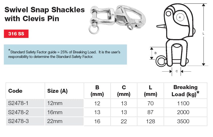 Stainless Steel Swivel Snap with Clevis Pin Dimensions and Loads