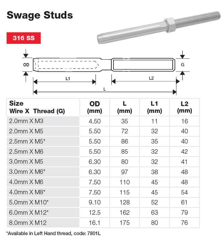 Stainless Steel Swage Studs for Wire Dimensions