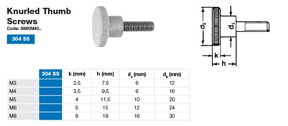 Stainless Knurled Thumb Screw Dimensions