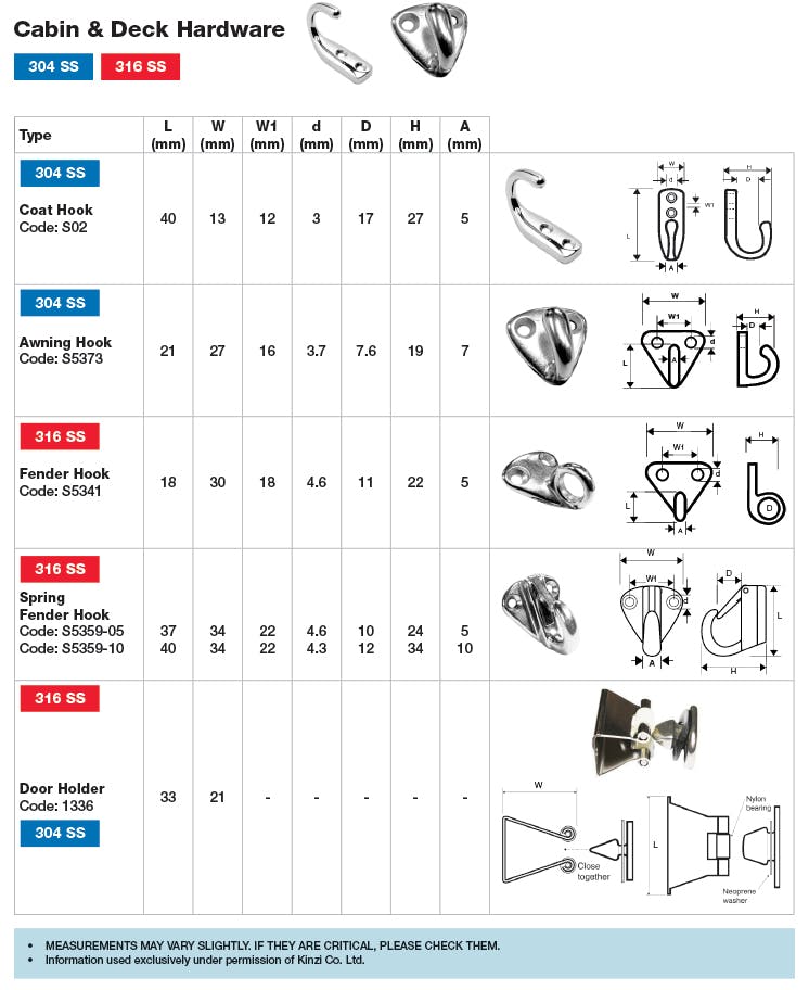 Stainless Cabin Hooks and Door Holder Dimensions