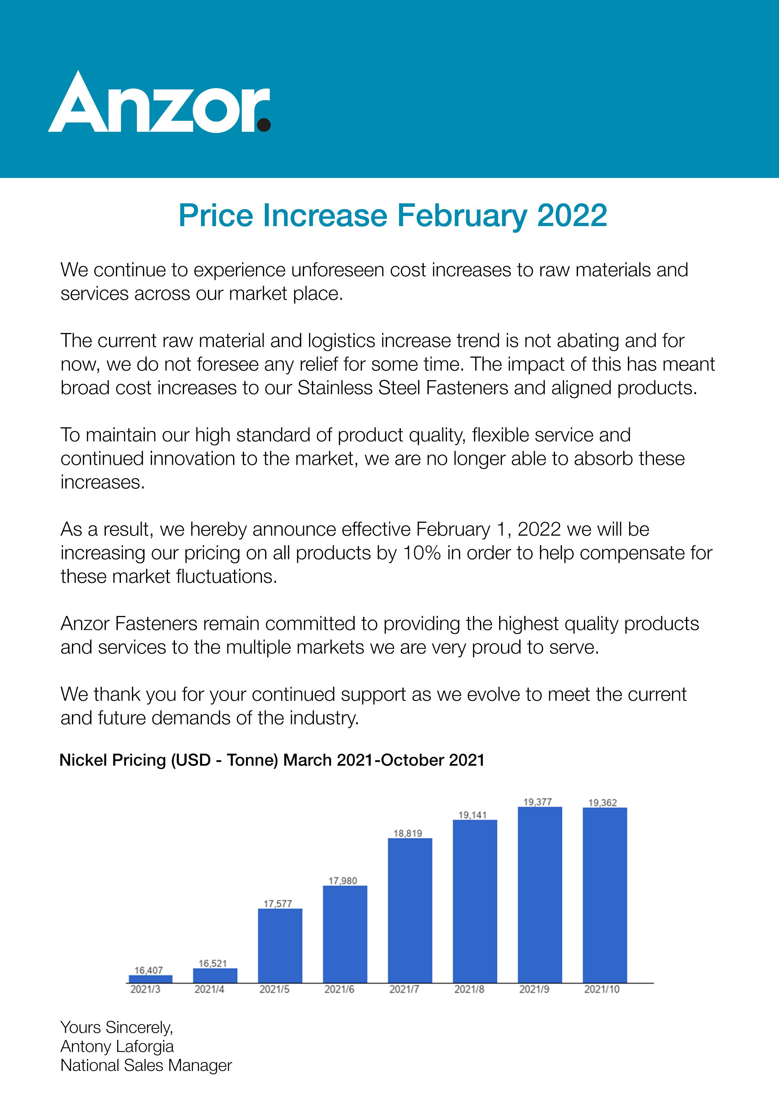 February 1st 2022 Price Increase