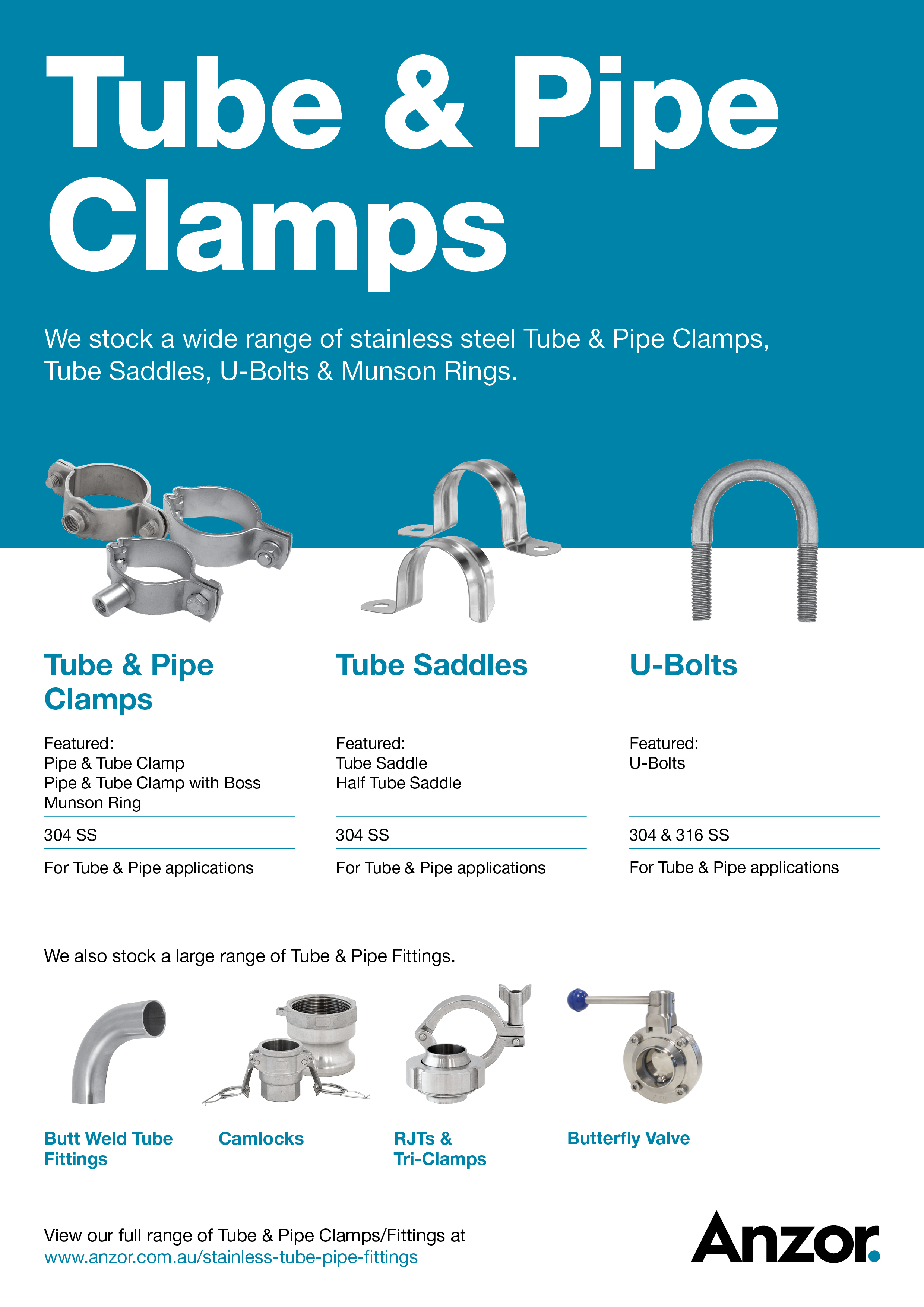 We stock a wide range of stainless steel Tube & Pipe Clamps