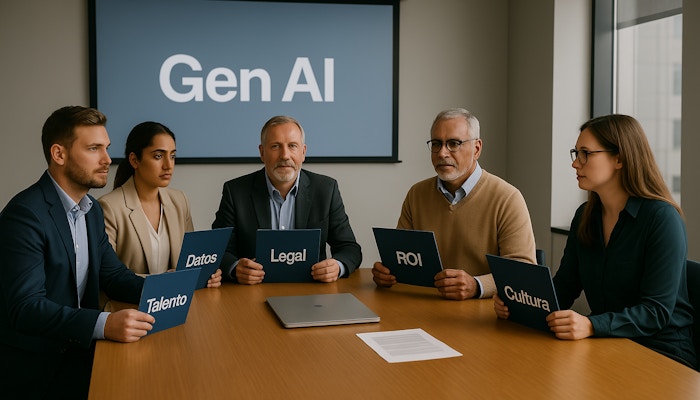 5 executives seated at a table with posters of each of the 5 obstacles