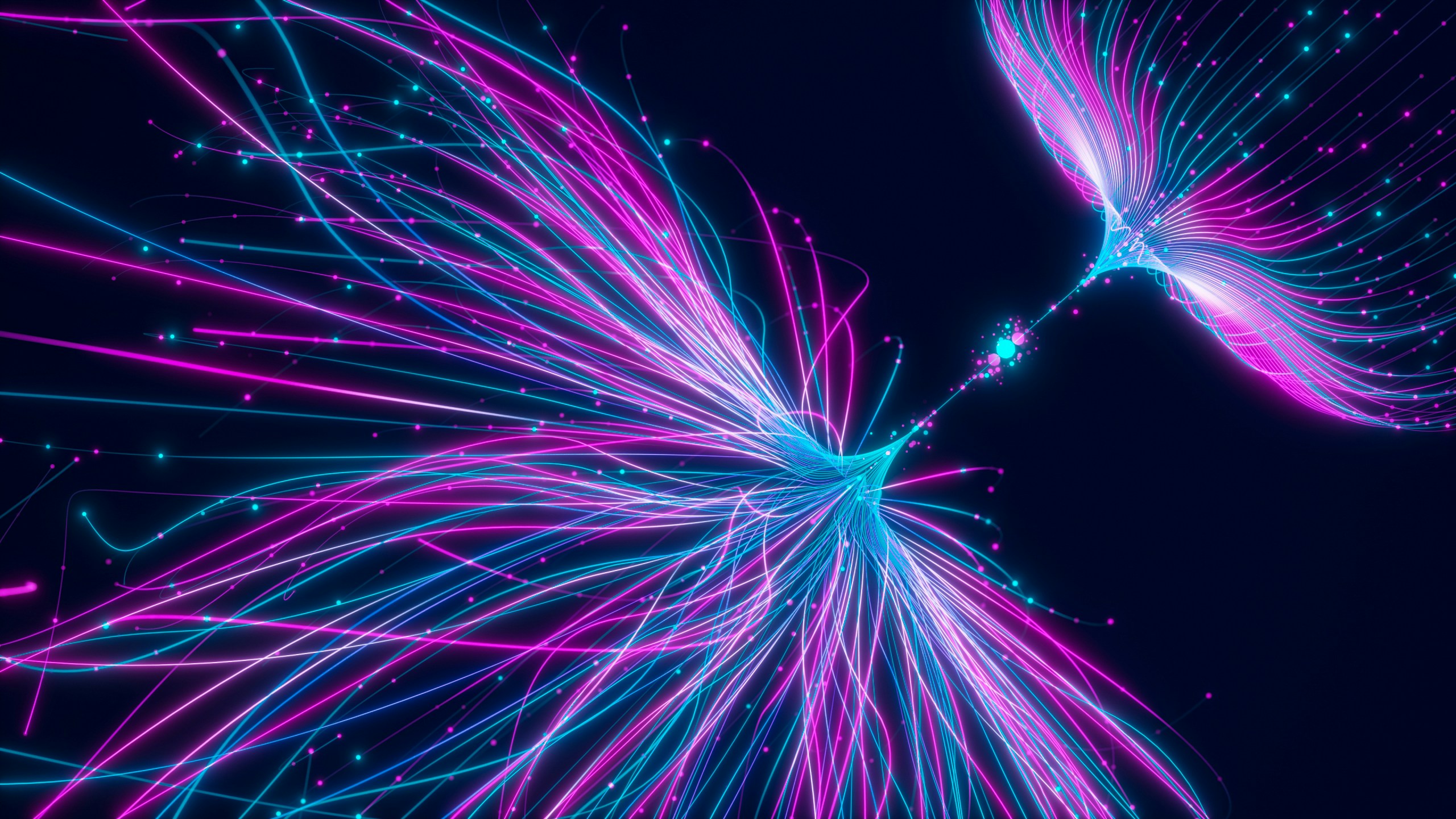 Visualización digital abstracta de flujos de datos en tonos neón rosado y azul que se entrelazan y dispersan en un patrón tipo red neuronal sobre fondo oscuro.