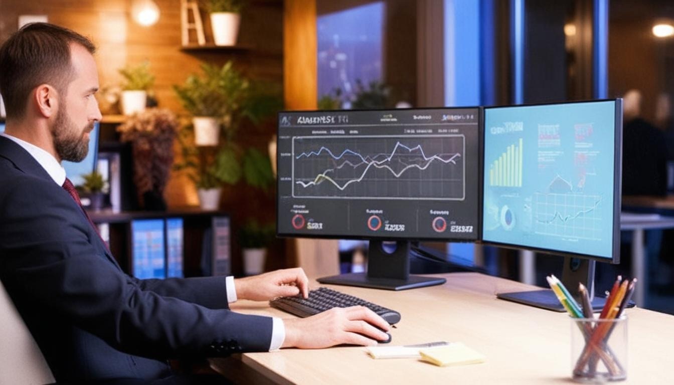 Ejecutivo con traje trabajando en un escritorio con dos monitores que muestran gráficos y datos financieros, en una oficina moderna con plantas y luz cálida.