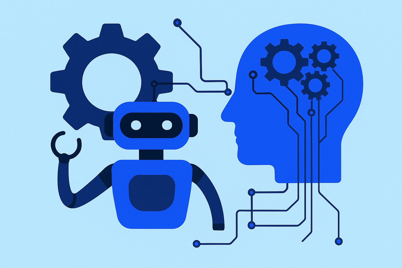Ilustración minimalista en tonos azules que muestra un robot con brazo mecánico conectado a un cerebro artificial mediante líneas y circuitos, con engranajes visibles que representan el procesamiento de datos y la interacción entre tecnología e inteligencia artificial.