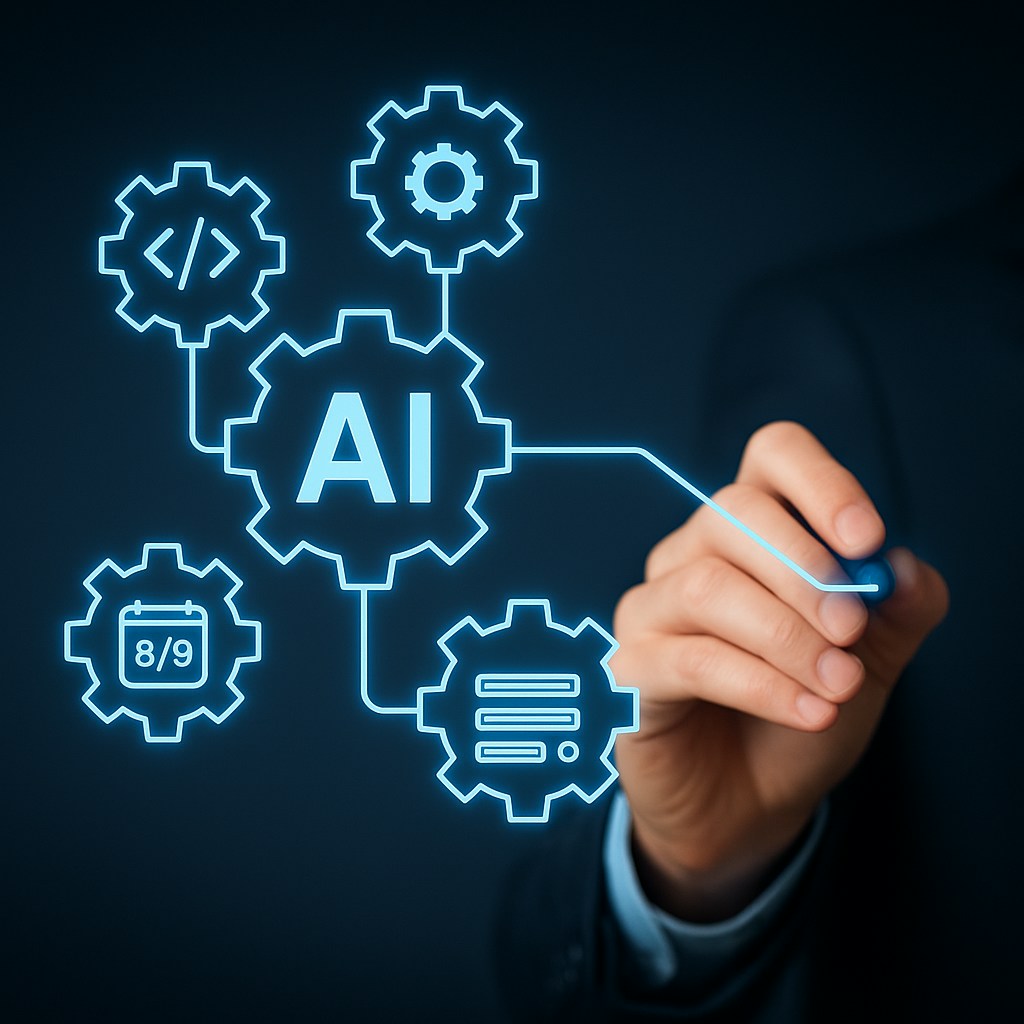 Mano de un hombre de negocios dibujando un diagrama de inteligencia artificial con un bolígrafo digital azul. El diagrama muestra engranajes interconectados con íconos de programación, calendario, configuración y datos, destacando un engranaje central con la palabra 'AI', todo sobre un fondo oscuro con estilo tecnológico y líneas de neón.