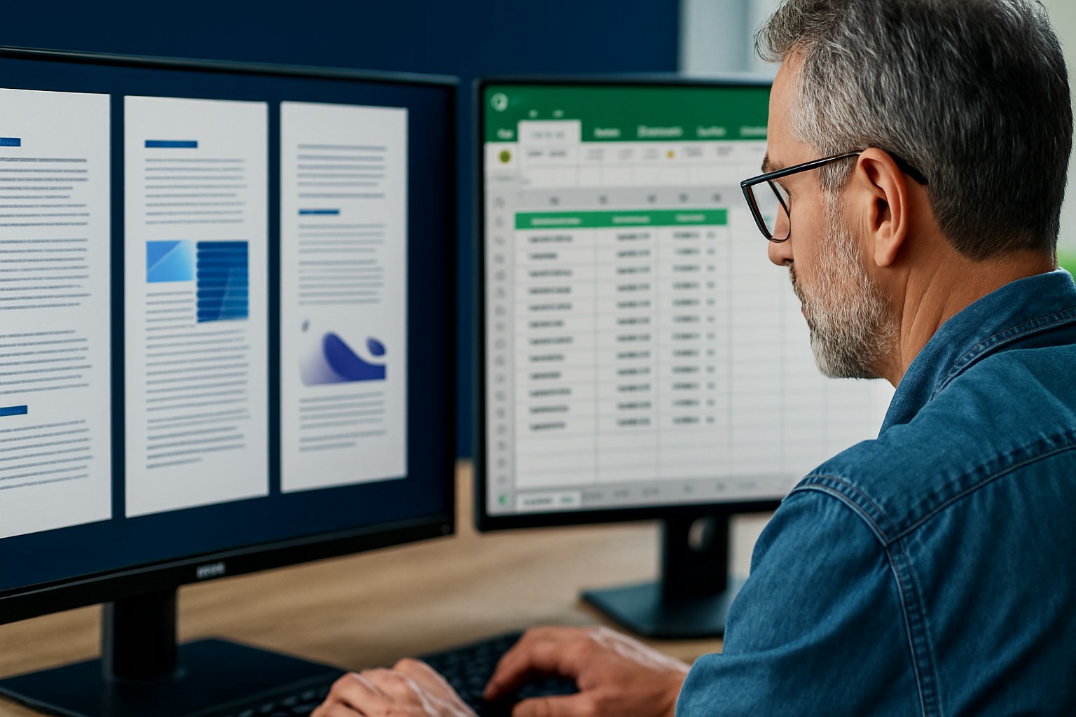 Middle-aged professional extracting data across dual monitors: on the left, technical PDF documents with charts and text; on the right, an Excel spreadsheet with structured results.