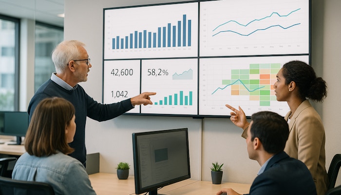 Fotografía horizontal de una oficina corporativa moderna con iluminación neutra, donde tres personas de diferentes edades y género, de perfil o semi de espaldas, observan y señalan una gran pantalla de pared. En la pantalla se muestran dashboards de datos estilo Power BI con gráficos de barras, líneas, KPIs numéricos y un mapa de calor. El ambiente transmite colaboración y análisis, con un fondo ligeramente desenfocado para resaltar la interacción entre las personas y los gráficos.