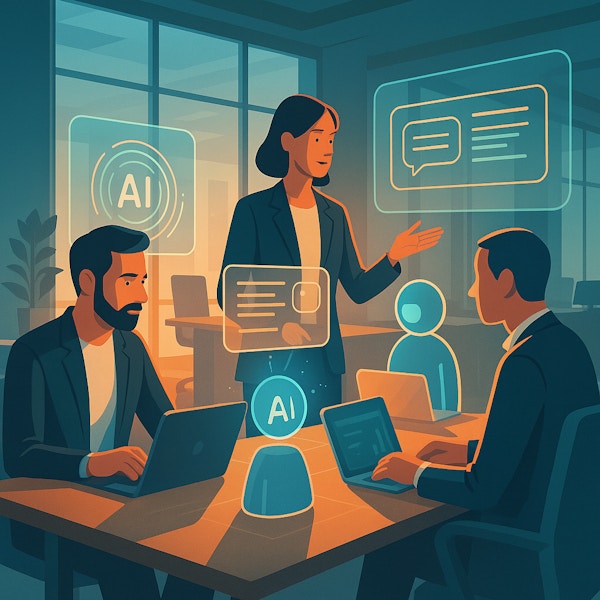 Alt text:
Ilustración digital futurista de una oficina moderna, con varios profesionales colaborando mientras interactúan con hologramas de IA que muestran gráficos, iconos y paneles flotantes. El espacio es luminoso, con grandes ventanales, mobiliario elegante y un esquema de colores cálidos en azules, teal y naranjas.