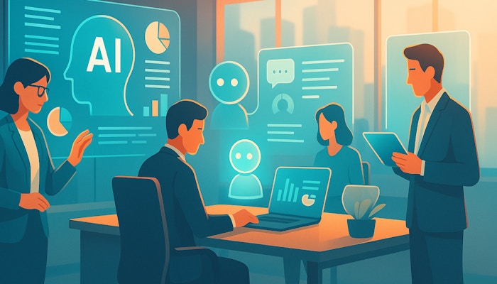 Ilustración digital en estilo futurista que muestra una oficina corporativa moderna, con empleados trabajando en colaboración frente a interfaces holográficas de inteligencia artificial que flotan en el aire. Los hologramas incluyen gráficos, iconos y diagramas, en una paleta cálida con tonos azules, teal y naranjas.