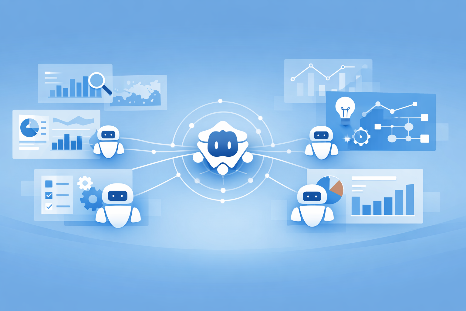 Ilustración vectorial de un sistema de agentes de inteligencia artificial para analítica empresarial, con un orquestador central conectado a agentes especializados y paneles de datos sobre fondo azul.