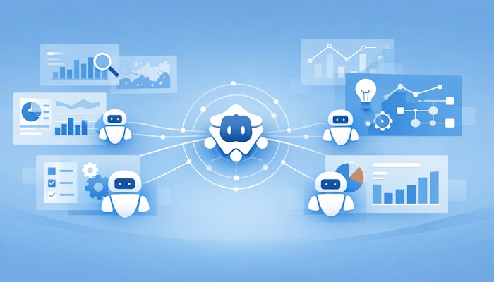Ilustración vectorial de un sistema de agentes de inteligencia artificial para analítica empresarial, con un orquestador central conectado a agentes especializados y paneles de datos sobre fondo azul.