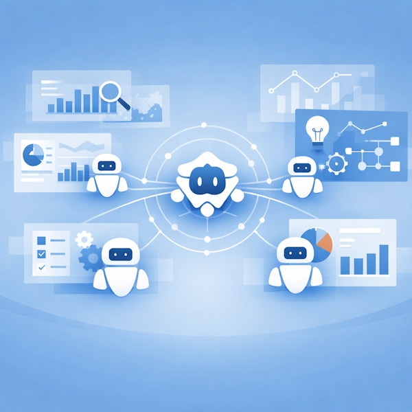 Ilustración vectorial de un sistema de agentes de inteligencia artificial para analítica empresarial, con un orquestador central conectado a agentes especializados y paneles de datos sobre fondo azul.