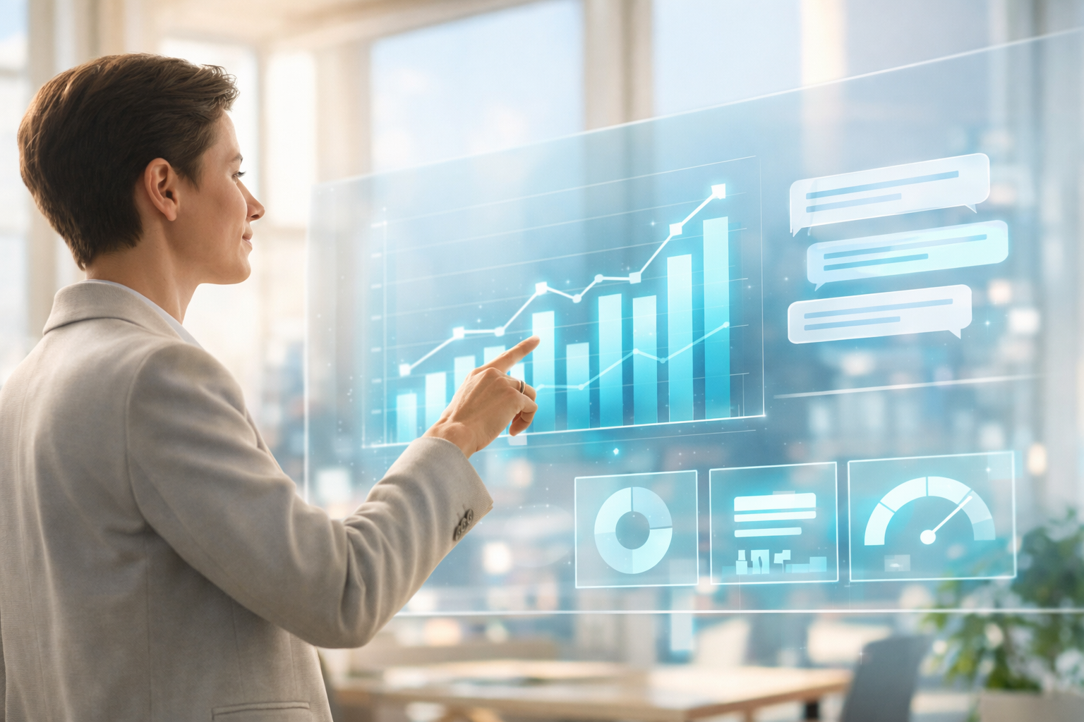 Profesional de negocio interactuando con un dashboard holográfico de analítica de datos impulsado por inteligencia artificial, con gráficos de barras,  indicadores KPI y burbujas de conversación en lenguaje natural.