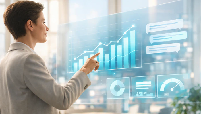 Profesional de negocio interactuando con un dashboard holográfico de analítica de datos impulsado por inteligencia artificial, con gráficos de barras, indicadores KPI y burbujas de conversación en lenguaje natural.