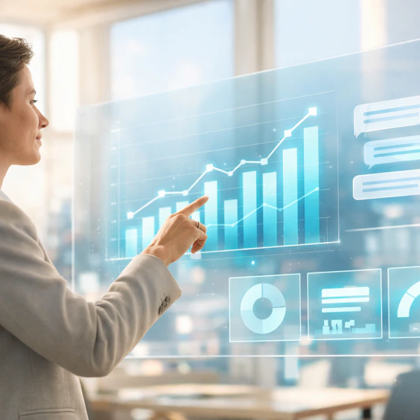 Profesional de negocio interactuando con un dashboard holográfico de analítica de datos impulsado por inteligencia artificial, con gráficos de barras, indicadores KPI y burbujas de conversación en lenguaje natural.