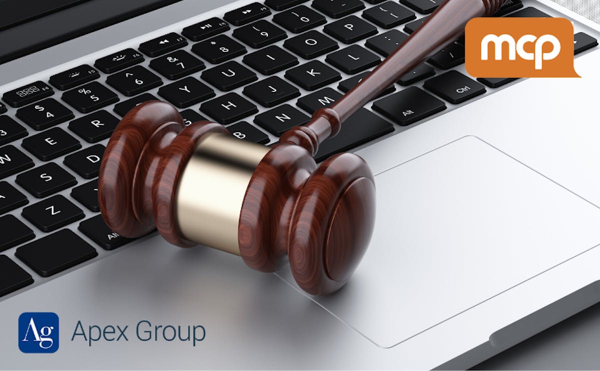 Laptop and Gavell - Apex Auctions logo and MCP logo
