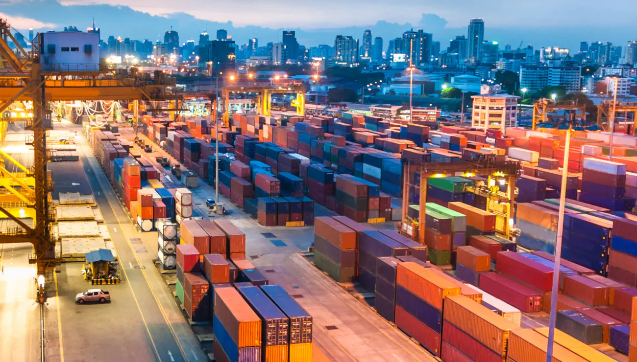 container port with city behind