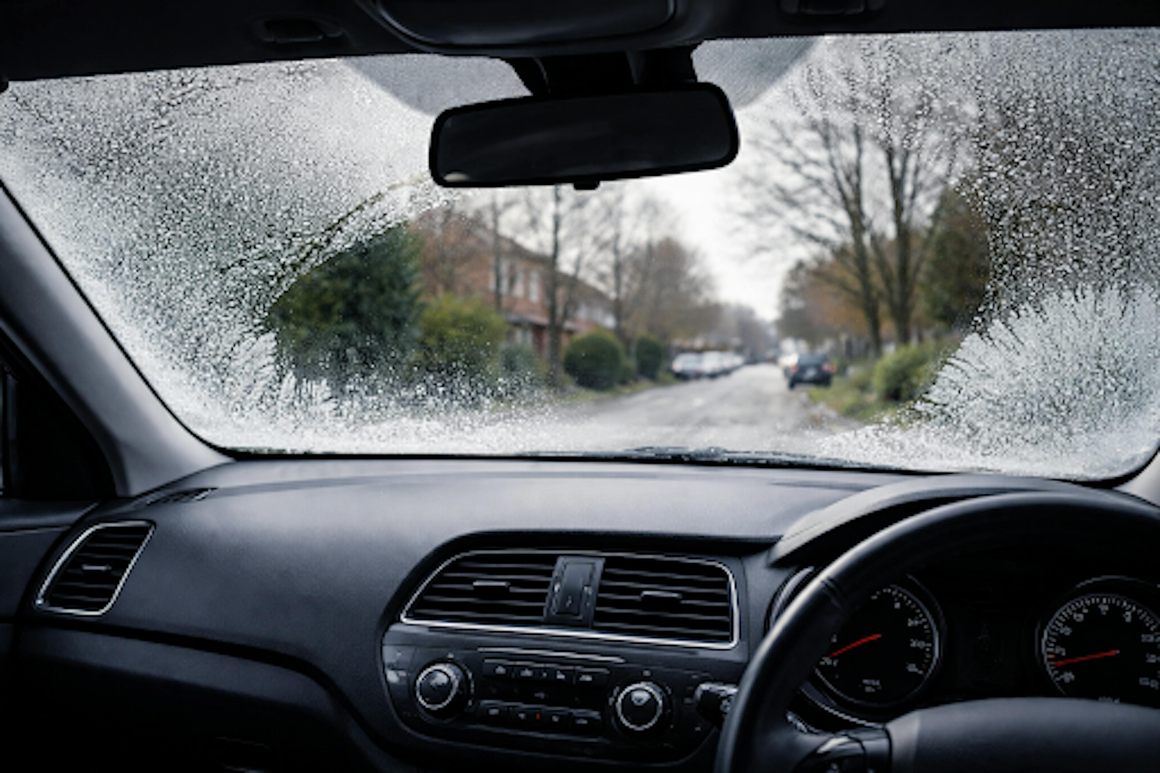 Car windscreen with frost and condensation on the inside on a cold overcast residential street.