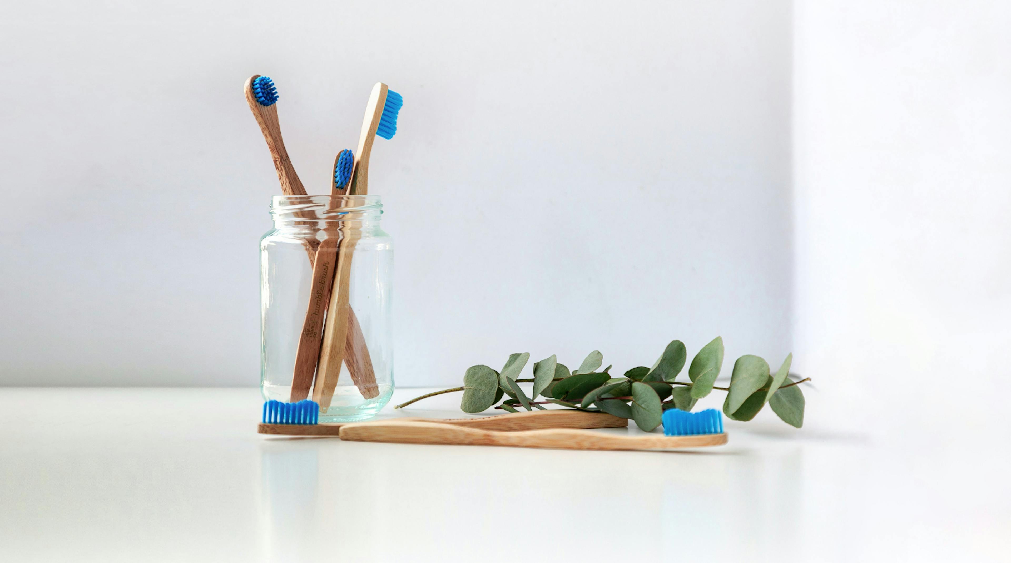 two toothbrushes in a jar. Two toothbrushes lying and a wooden branch