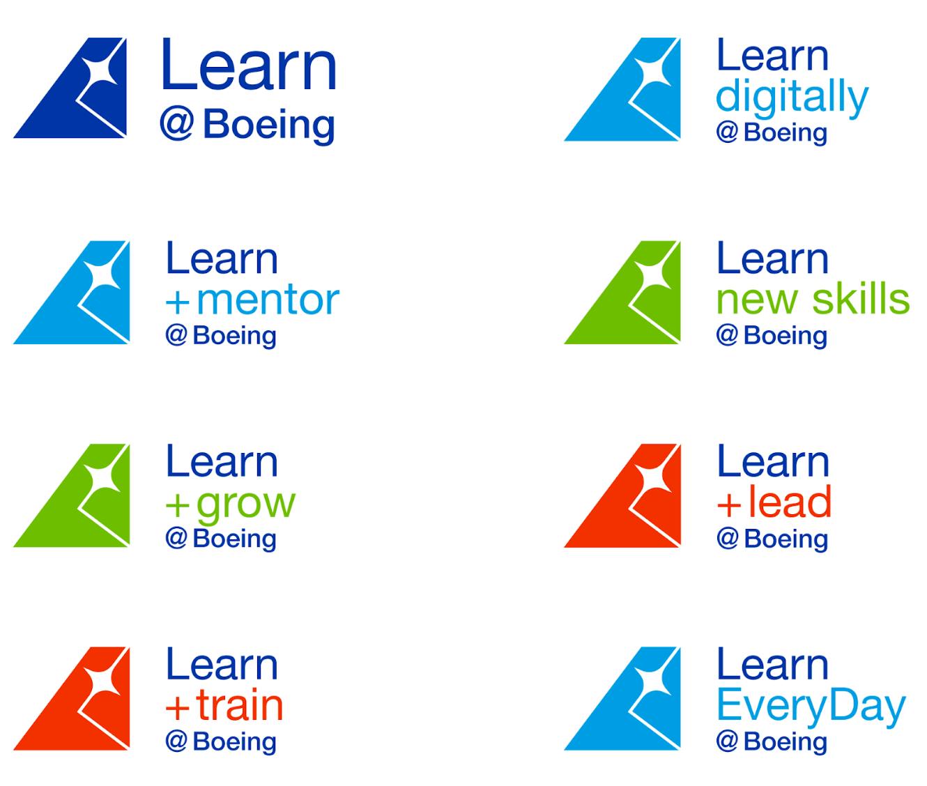 Variations of Learn@Boeing logo with different colours and slogans