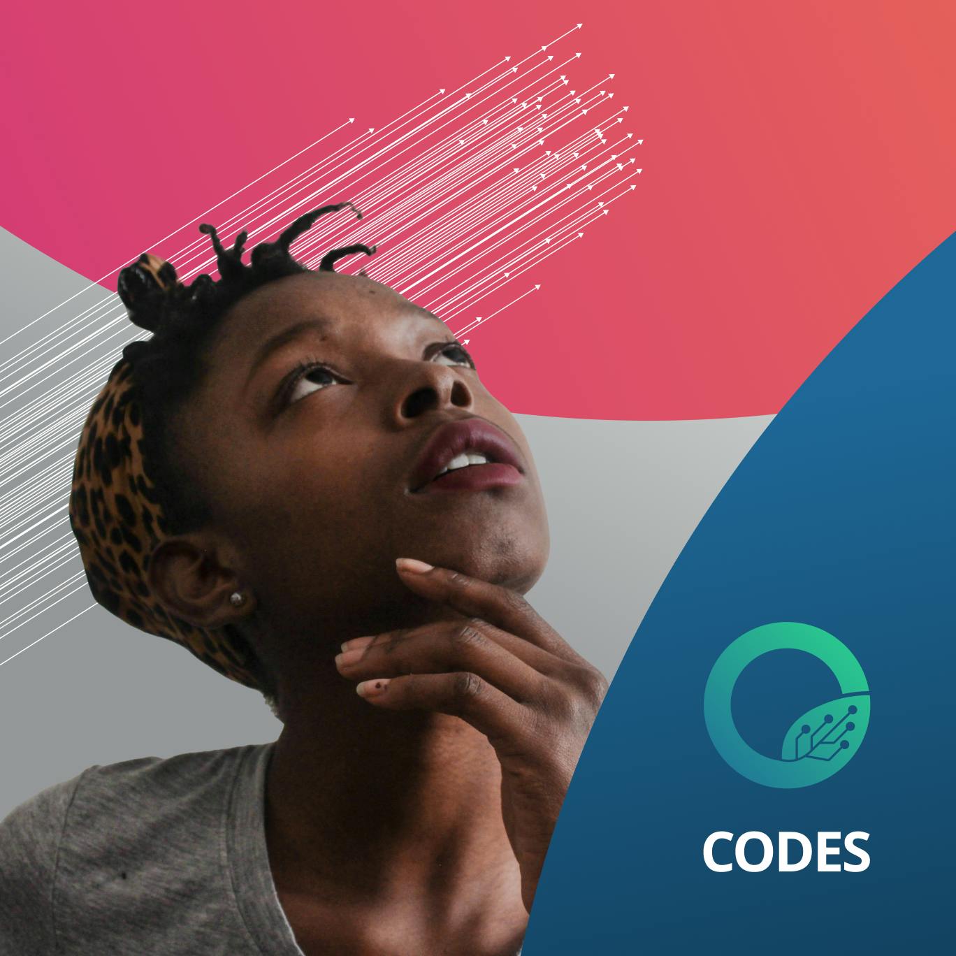 Person gazing upward in front of a branded background for CODES.