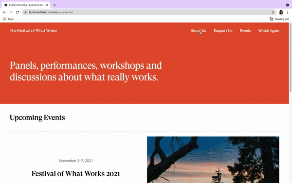 Animated GIF - scrolling and navigating pages of the re-designed Festival of What Works