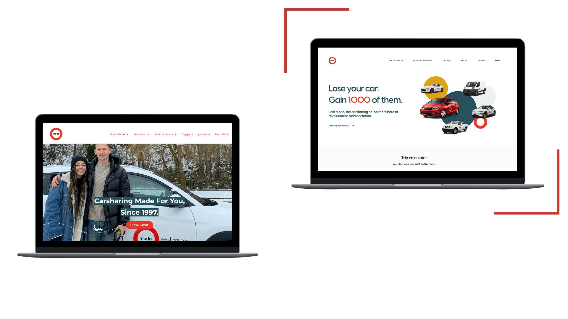 Two screen renderings to compare Modo's first landing page with their new one. The first one is photo-driven, the second is more marketing-focused.
