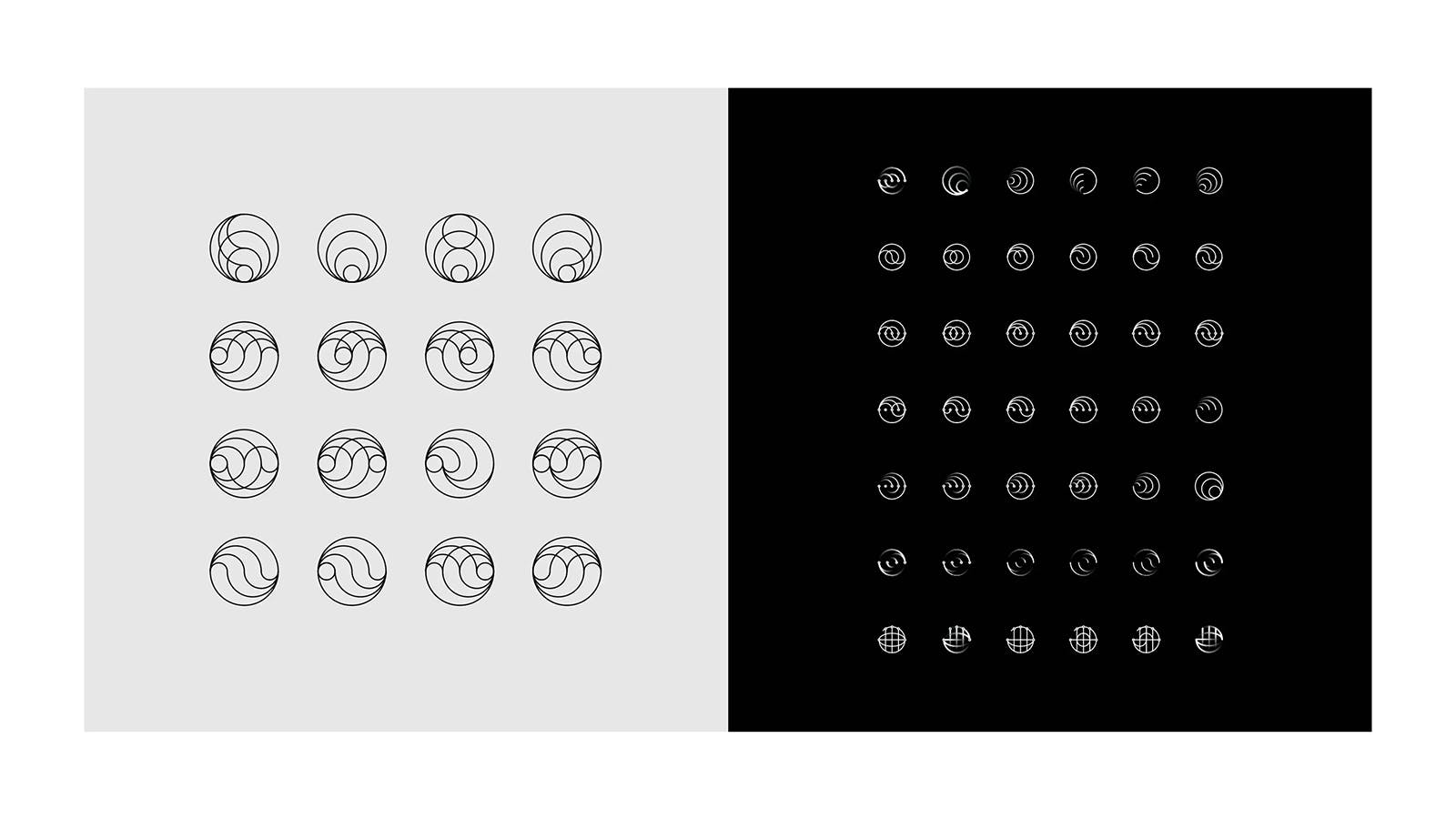 Iterations of logos. The left panel has the black logo on white background and right panel has inverse