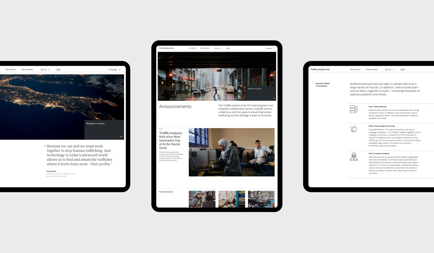 Three tablet screens showing pages of TA Hub website