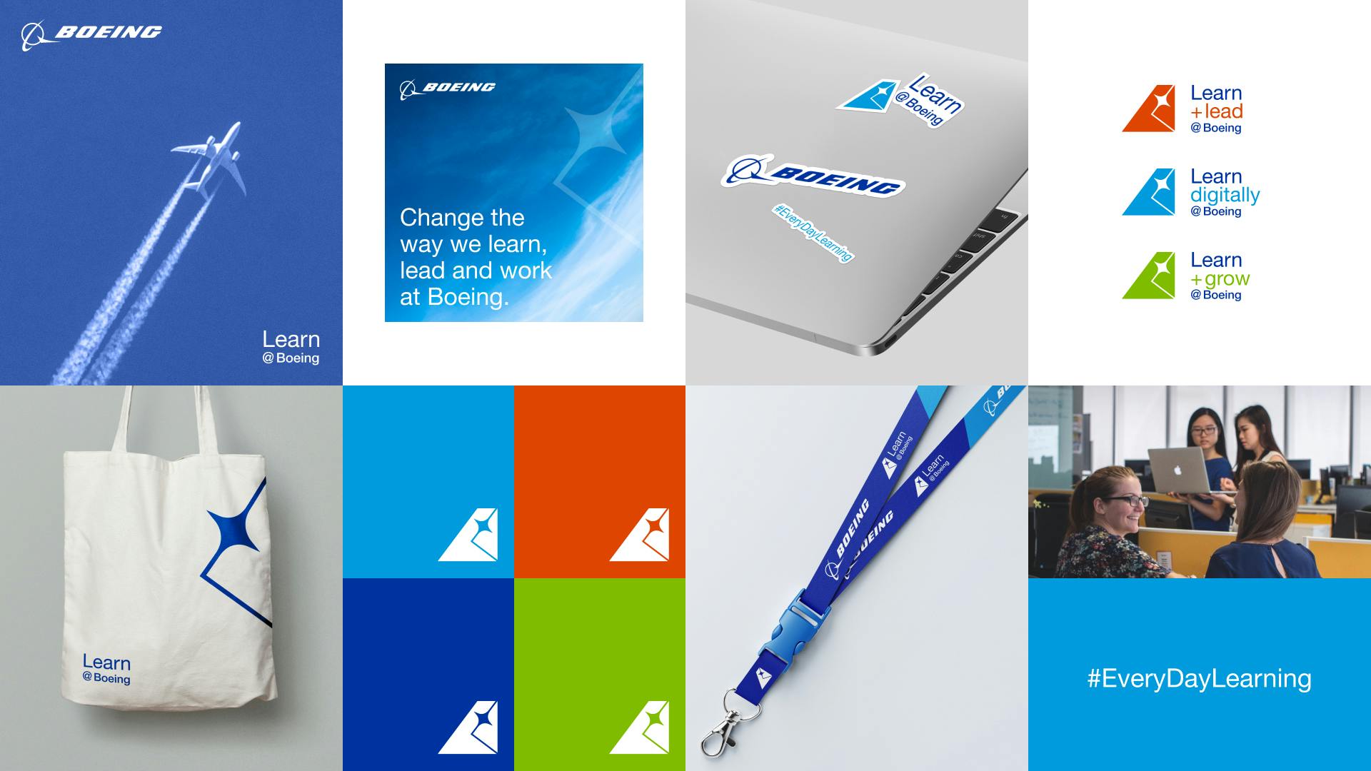 Mood board showing Learn@Boeing logo on various products such as brochures, stickers, bags and lanyards