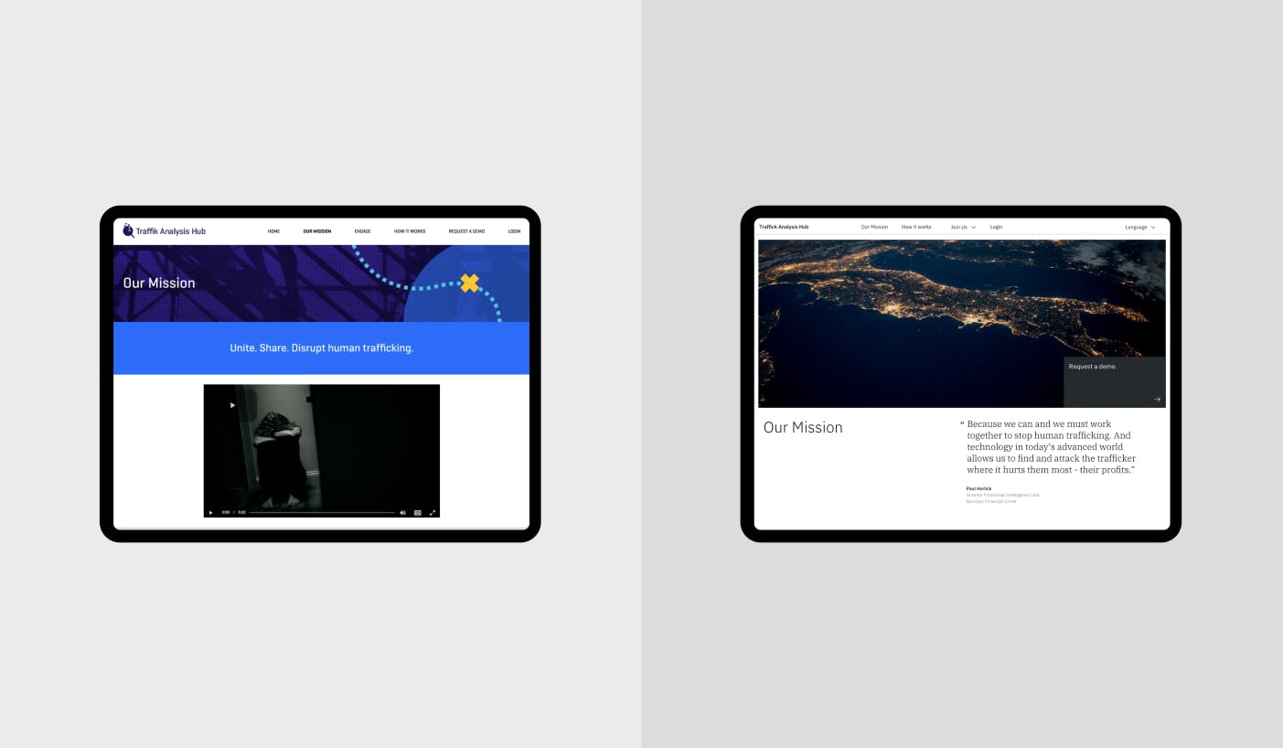 Tablet screens showing side-by-side comparison of old website vs. new website branding