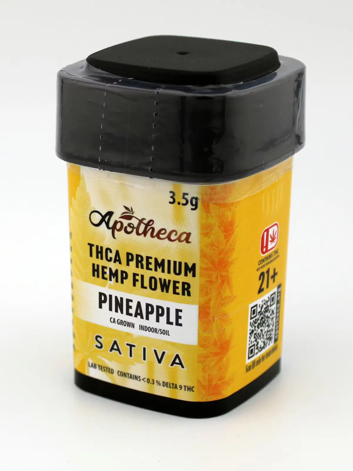 Premium THCA hemp flower in an Apotheca-branded plastic container