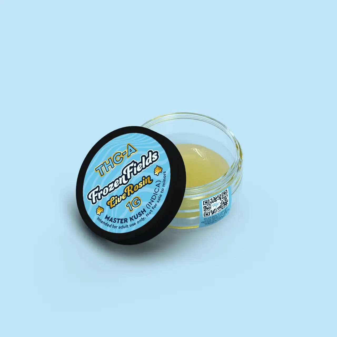 Jar of THCA rosin against a blue surface