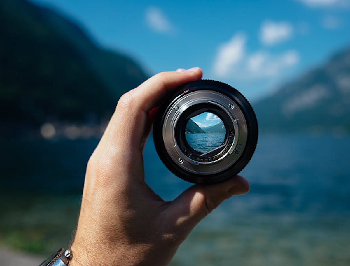 Uma mão segurando uma lente de uma câmera fotográfica profissional