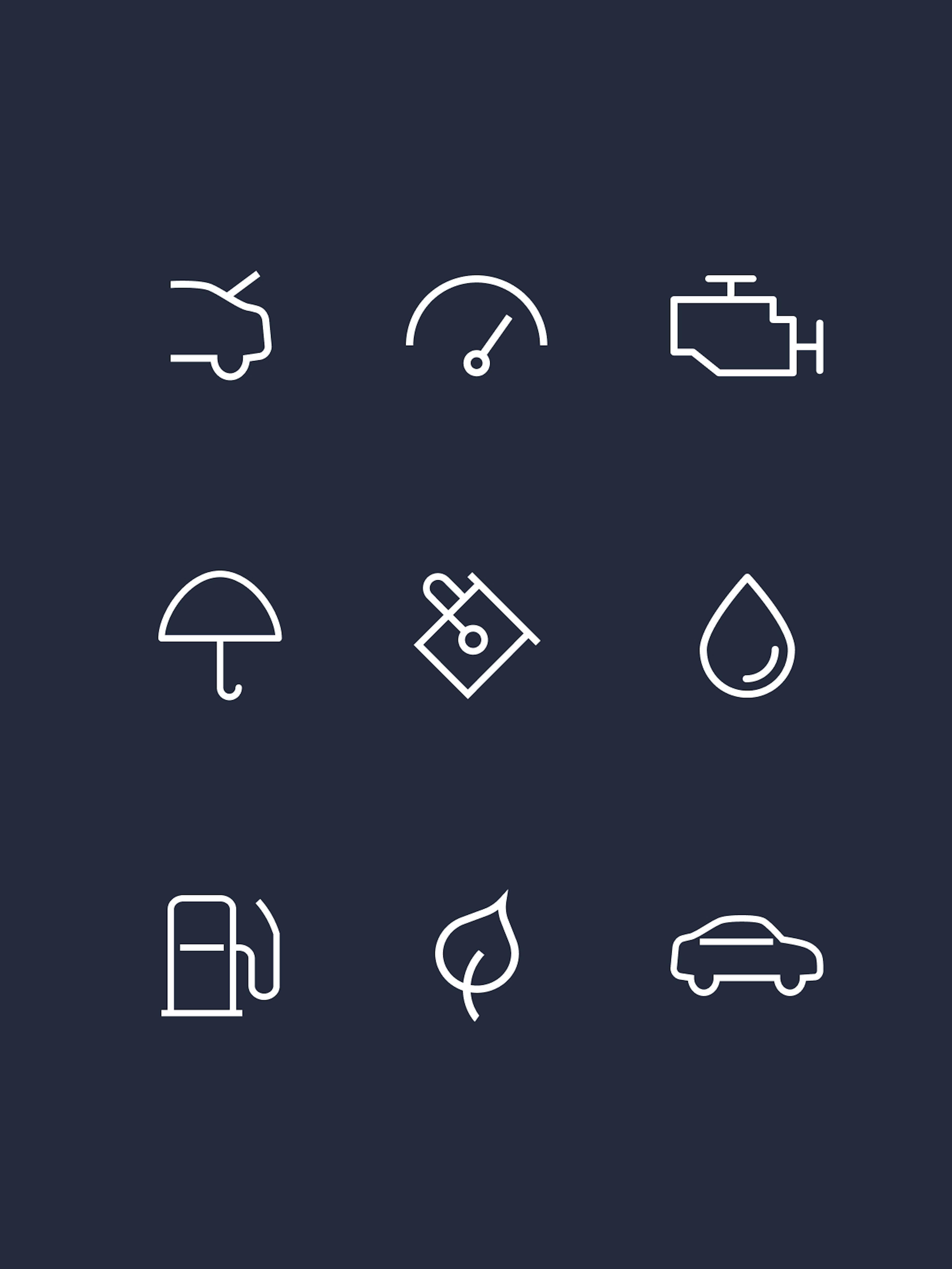 FINN – Branding "A Sustainable Car Subscription Service": Screenshot showing a grid of nine white line icons on a dark blue background, including a car, speedometer, engine, umbrella, lock, water drop, gas pump, leaf, and car by HY.AM