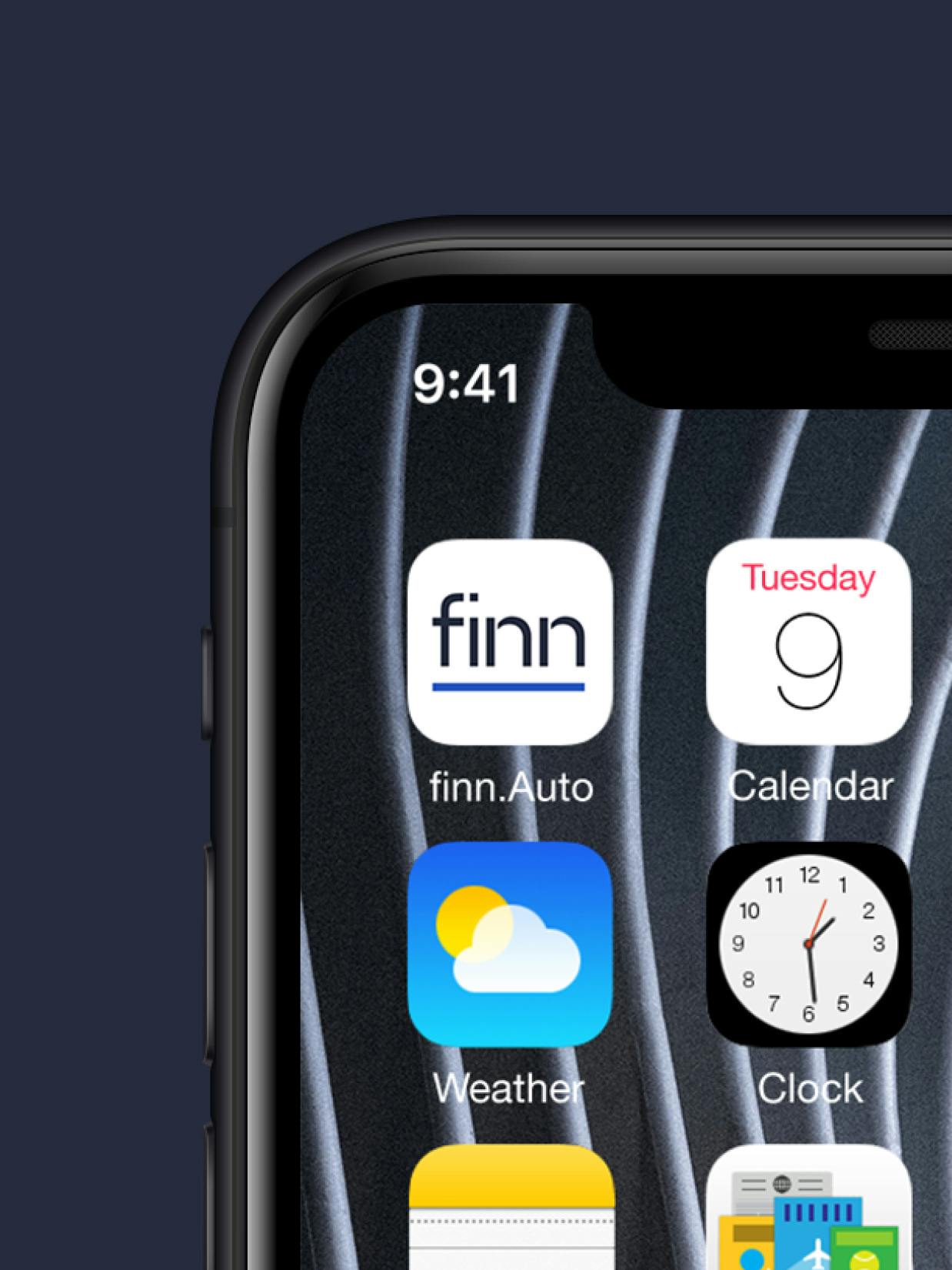 FINN – Branding "A Sustainable Car Subscription Service": Screenshot showing the finn.Auto app icon on an iPhone screen by HY.AM