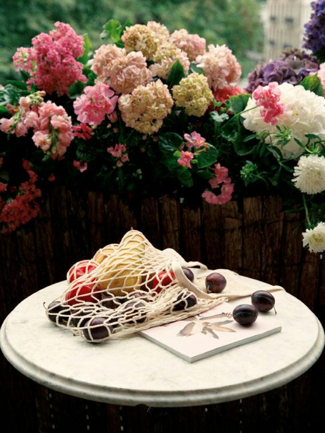 mint & berry – Brand Campaign "The world needs more romance": Photo showing a string bag filled with fruit and plums on a table with flowers in the background x HY.AM Studios