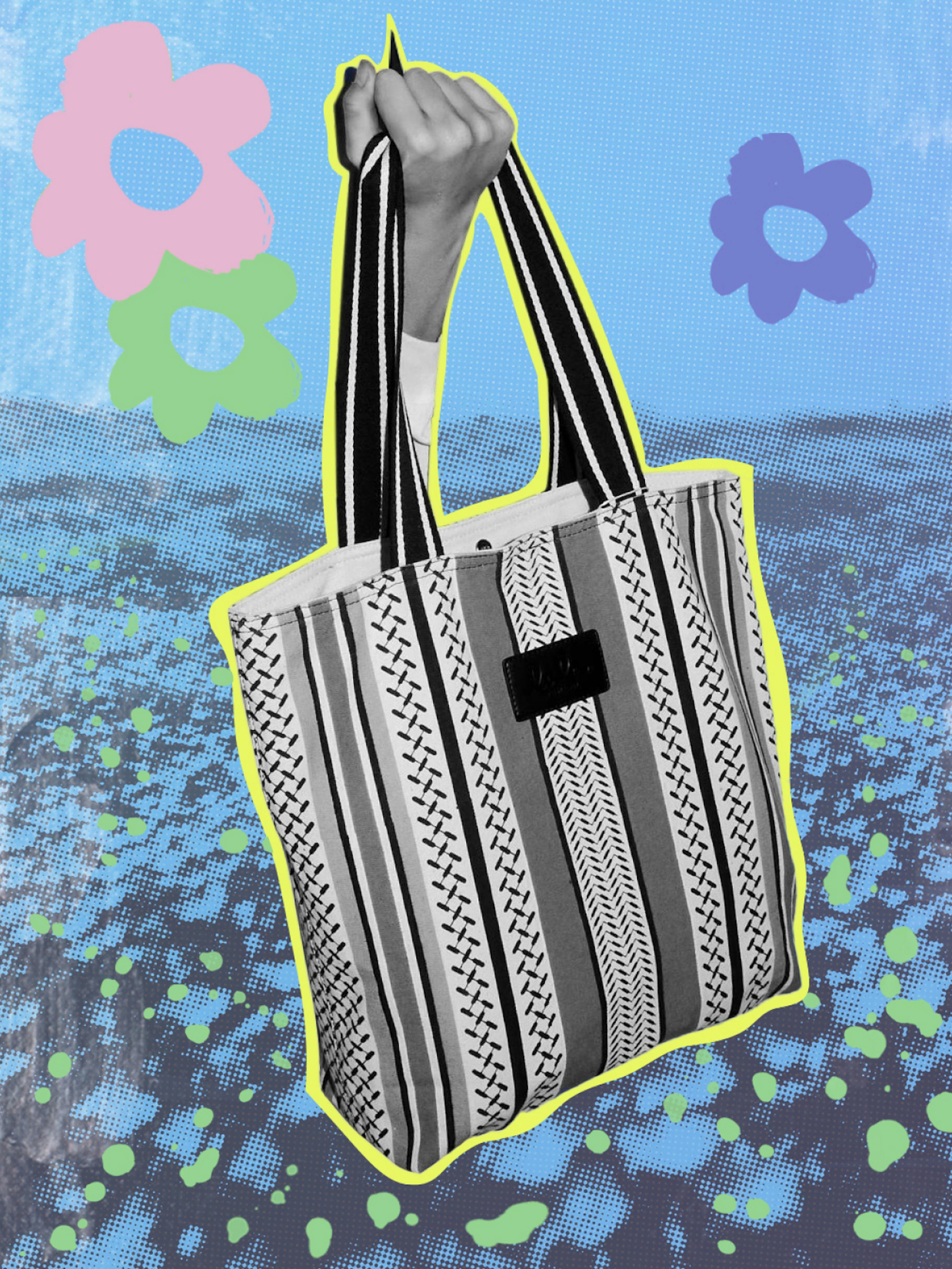 lala Berlin – Brand Design "lala forever": Photo showing a hand holding a striped tote bag with a lala Berlin logo against a blue, abstract background with flowers x HY.AM Studios