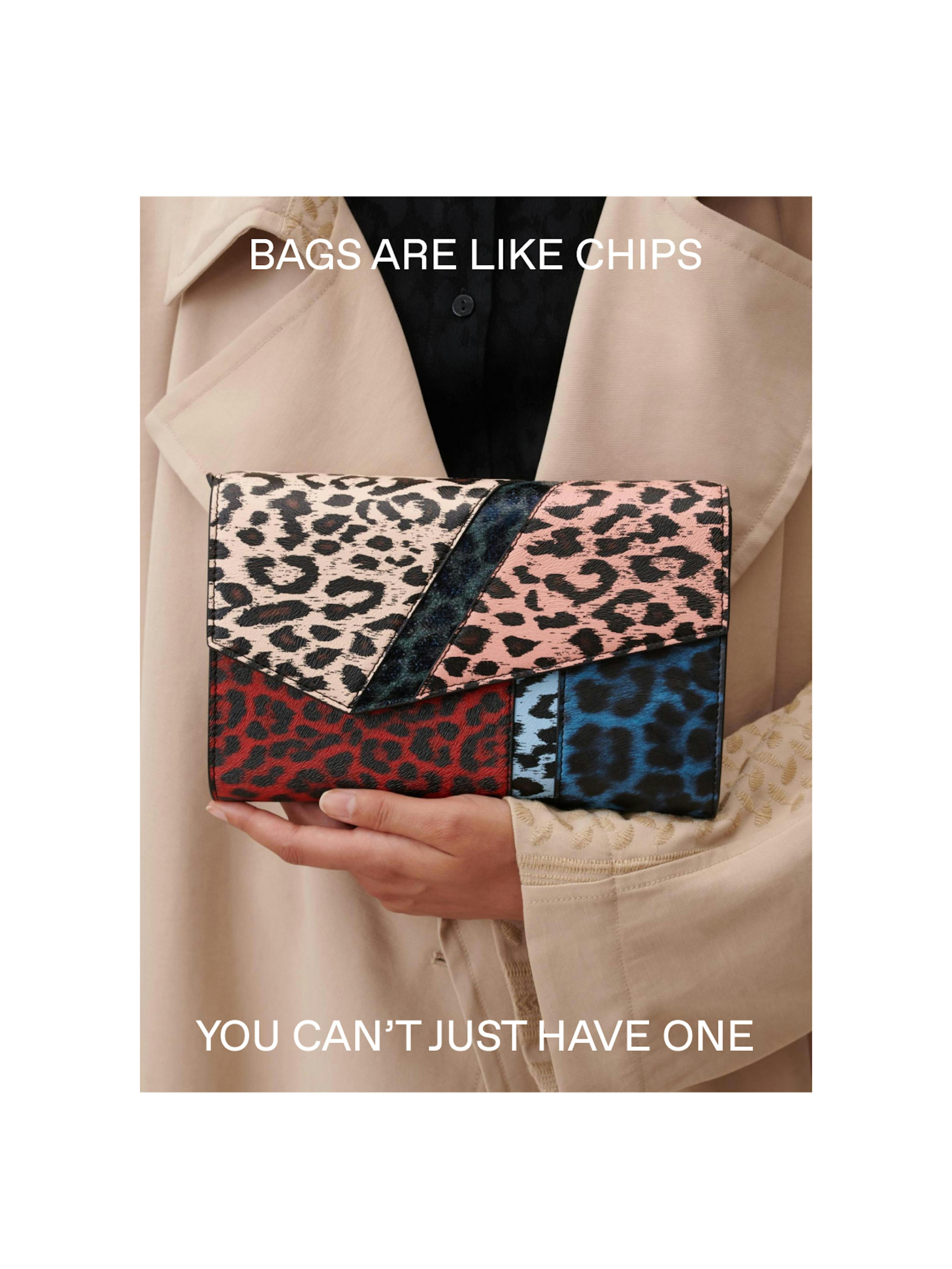 lala Berlin – Brand Design, E-Commerce, Experience Design "Celebrating Differences": Photo showing a person holding a colorful patchwork clutch with leopard print details x HY.AM Studios