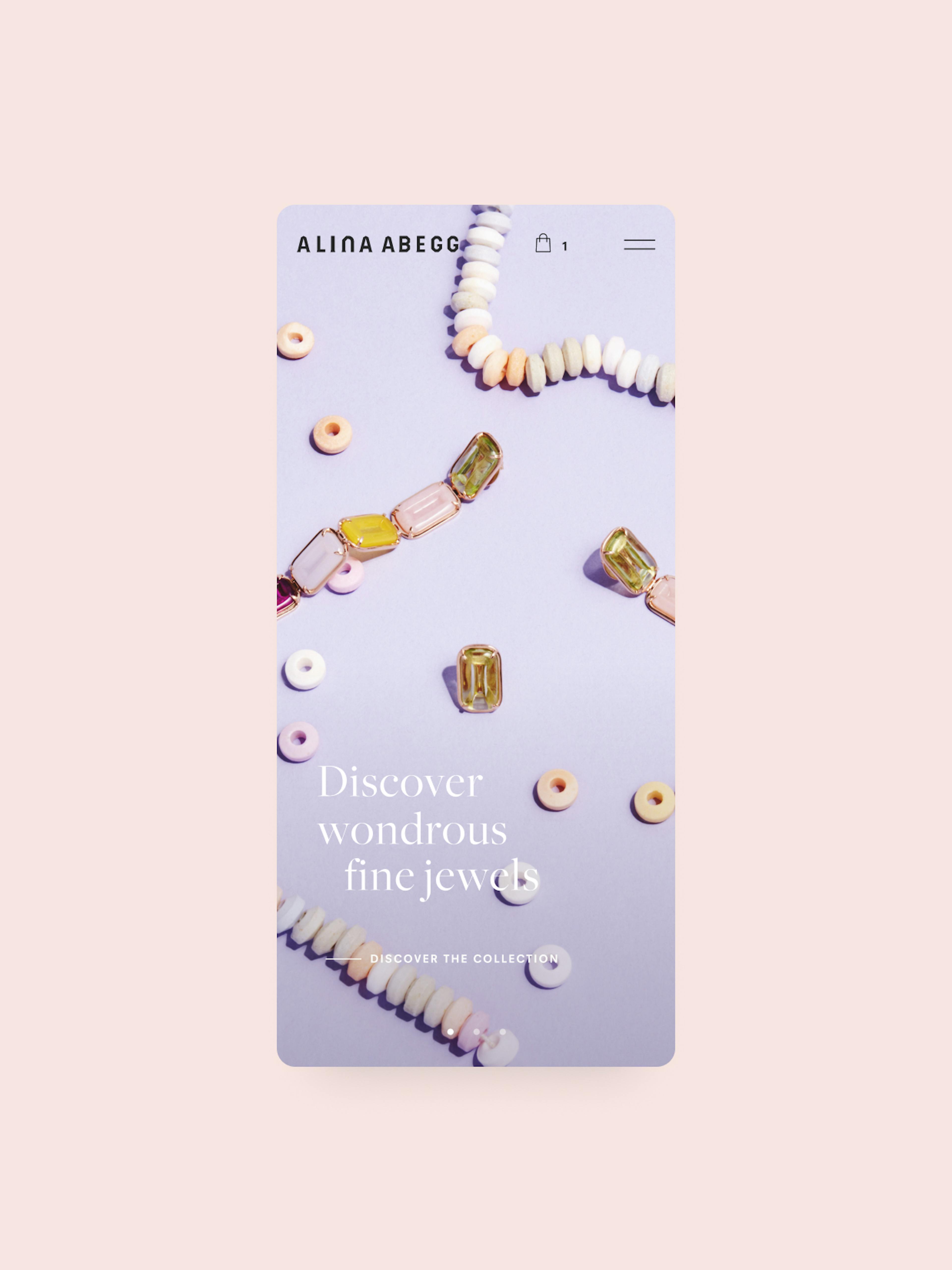 Alina Abegg – Branding, Packaging, Online Store "A cosmic shopping experience": Screenshot showing the Alina Abegg website with jewelry and pastel beads by HY.AM