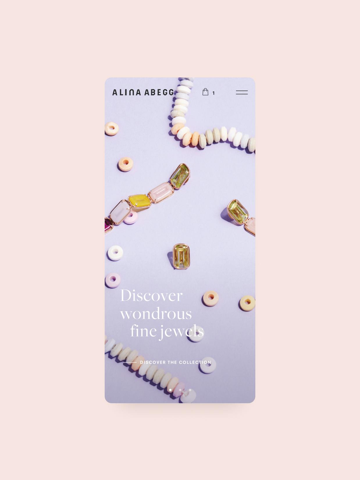 Alina Abegg – Branding, Packaging, Online Store "A cosmic shopping experience": Screenshot showing the Alina Abegg website with jewelry and pastel beads by HY.AM