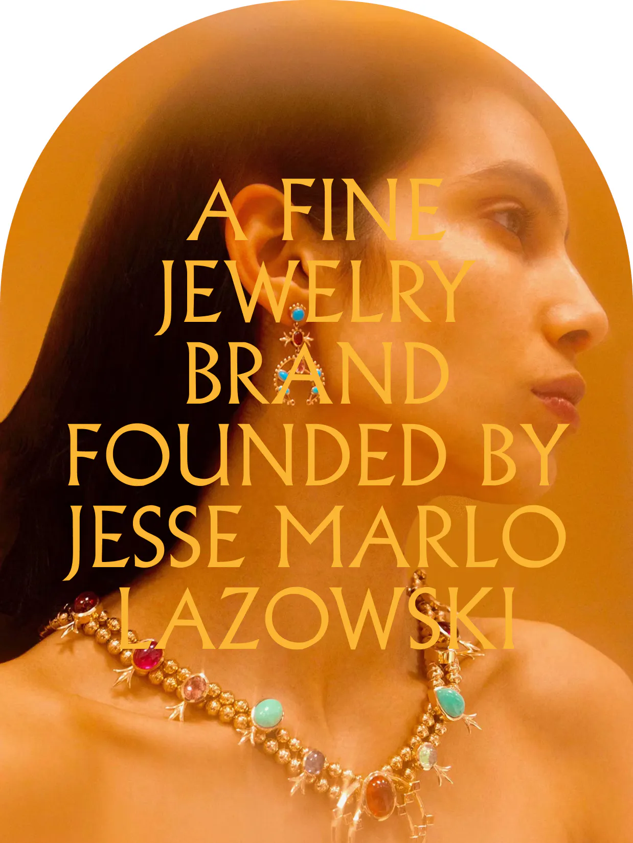 Marlo Laz – Brand Design, E-Commerce, Experience Design "A luxury shopping voyage": Photo showing a woman wearing a statement necklace and earrings, with text overlay about the brand x HY.AM Studios