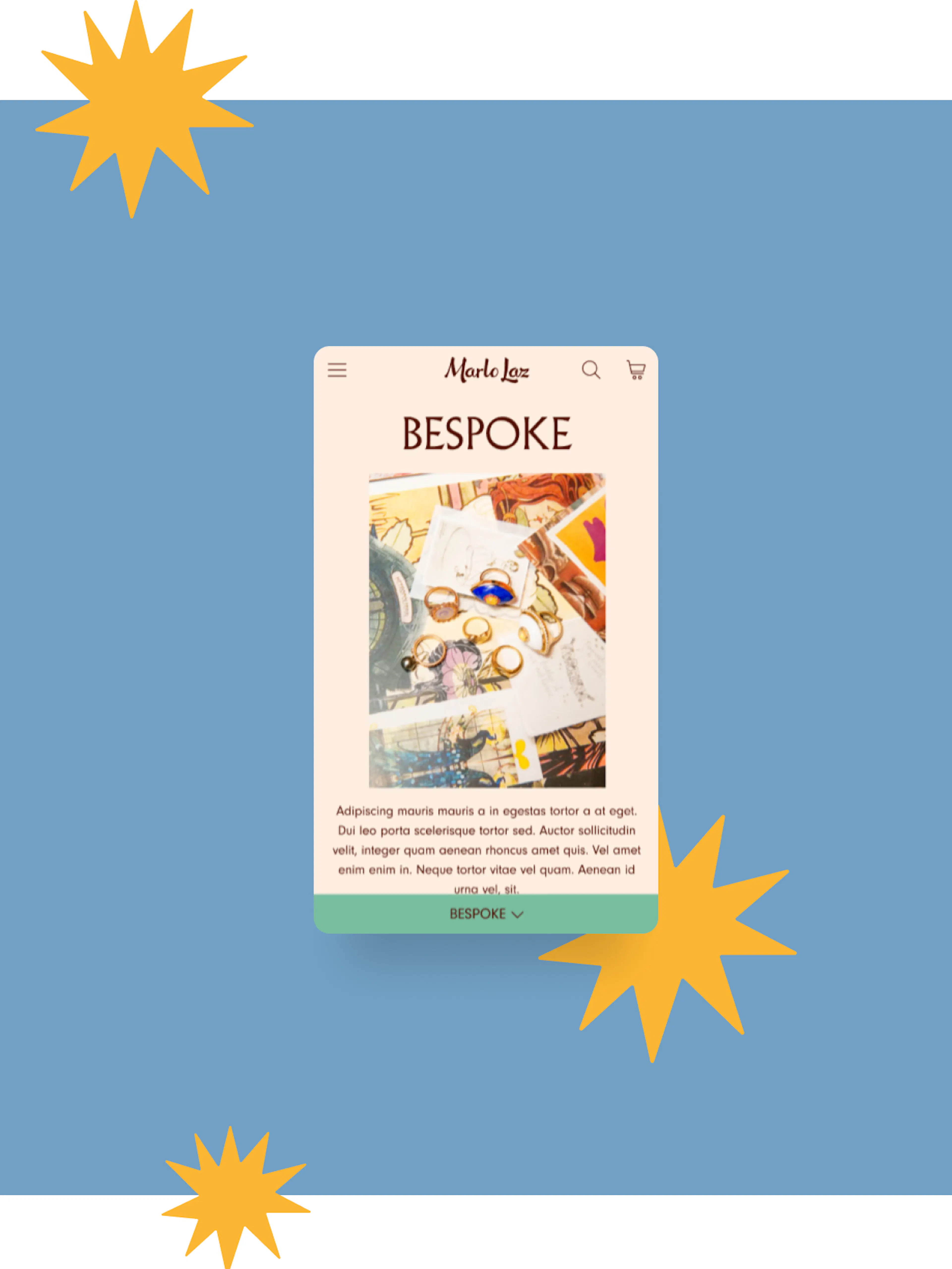 Marlo Laz – Brand Design, E-Commerce, Experience Design "A luxury shopping voyage": Screenshot showing a mobile website mockup for Marlo Laz with jewelry and text x HY.AM Studios